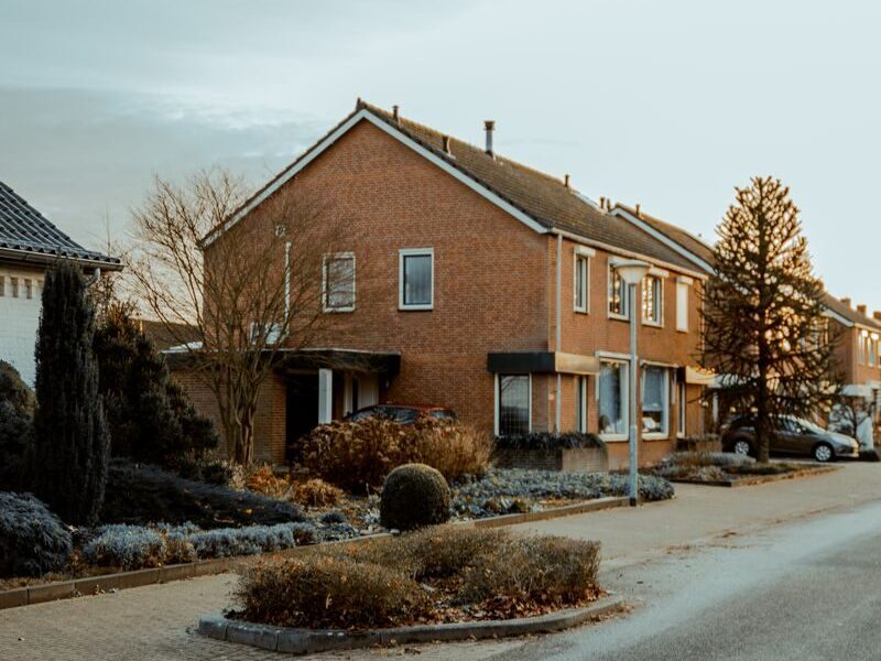 Brick houses lining a quiet street in the Netherlands, Missouri, USA, under a clear sky.
