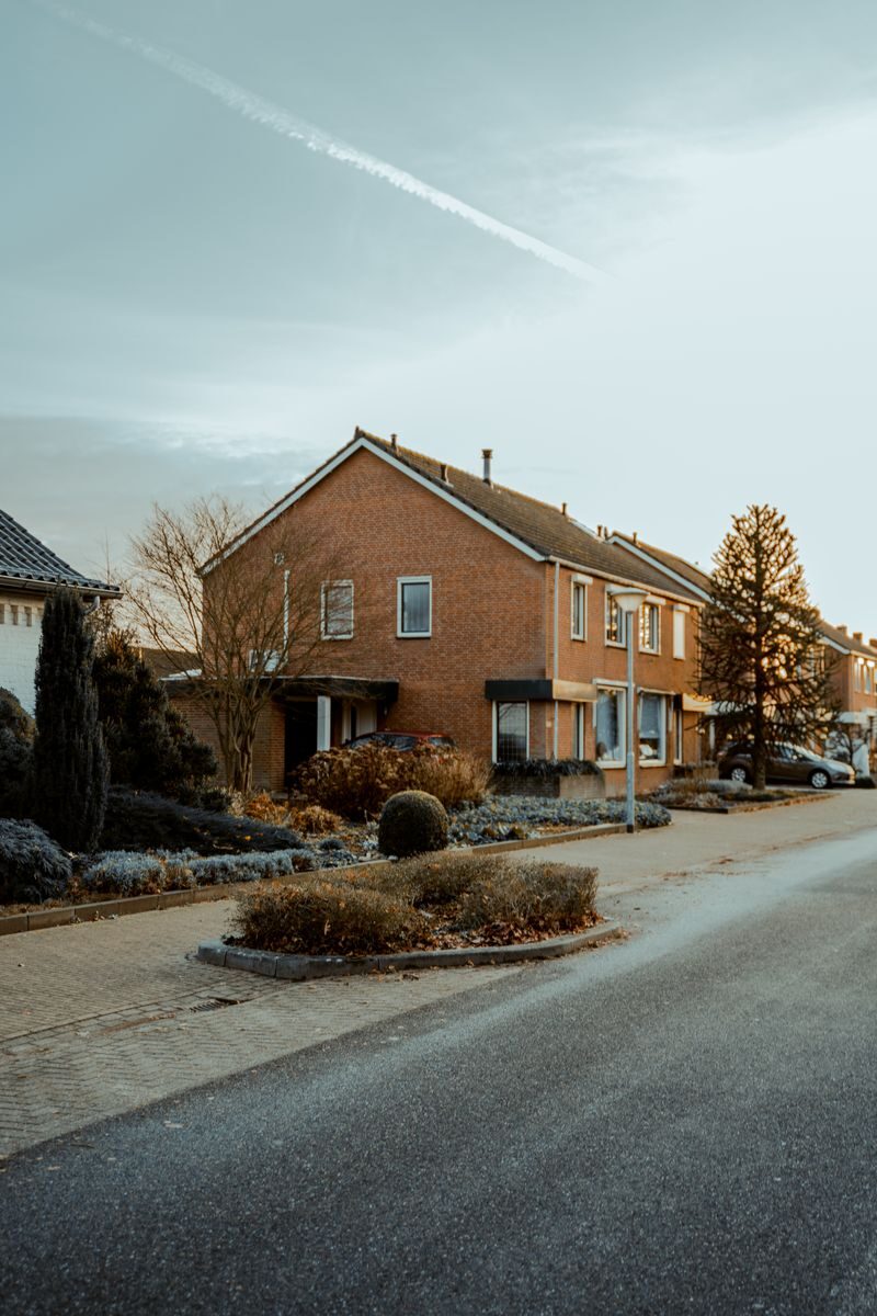 Brick houses lining a quiet street in the Netherlands, Missouri, USA, under a clear sky.
