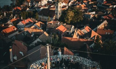 Captivating aerial view of Belgrade's historic harbor and town, showcasing architectural charm and the scenic Danube River.