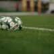 Close-up view of soccer balls lined up on a grassy football field.