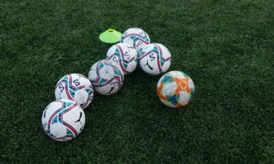 Group of soccer balls on a green grass field with a training cone, perfect for sports themes.