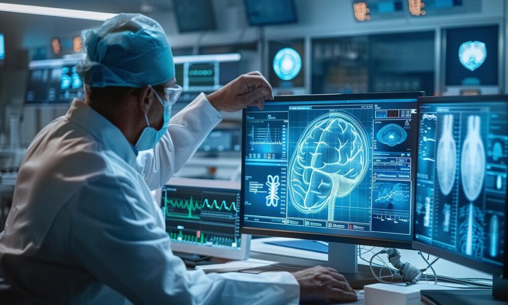 ai generated, doctor, scientist, lab, 3d, blueprint, medical, scans, monitors, analysis, technology, healthcare, anatomy, brain, heart, research, laboratory, digital, screens, diagnostic, professional, modern, advanced, equipment, science, medicine