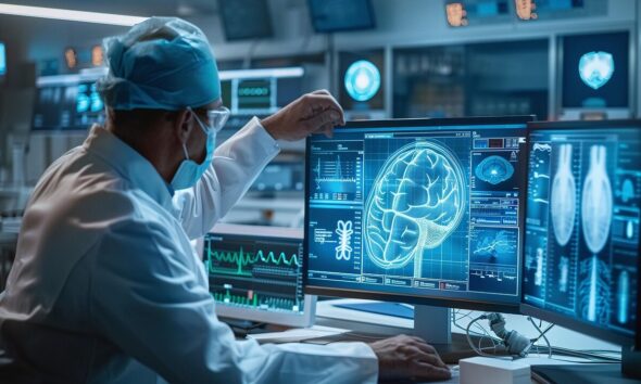 ai generated, doctor, scientist, lab, 3d, blueprint, medical, scans, monitors, analysis, technology, healthcare, anatomy, brain, heart, research, laboratory, digital, screens, diagnostic, professional, modern, advanced, equipment, science, medicine
