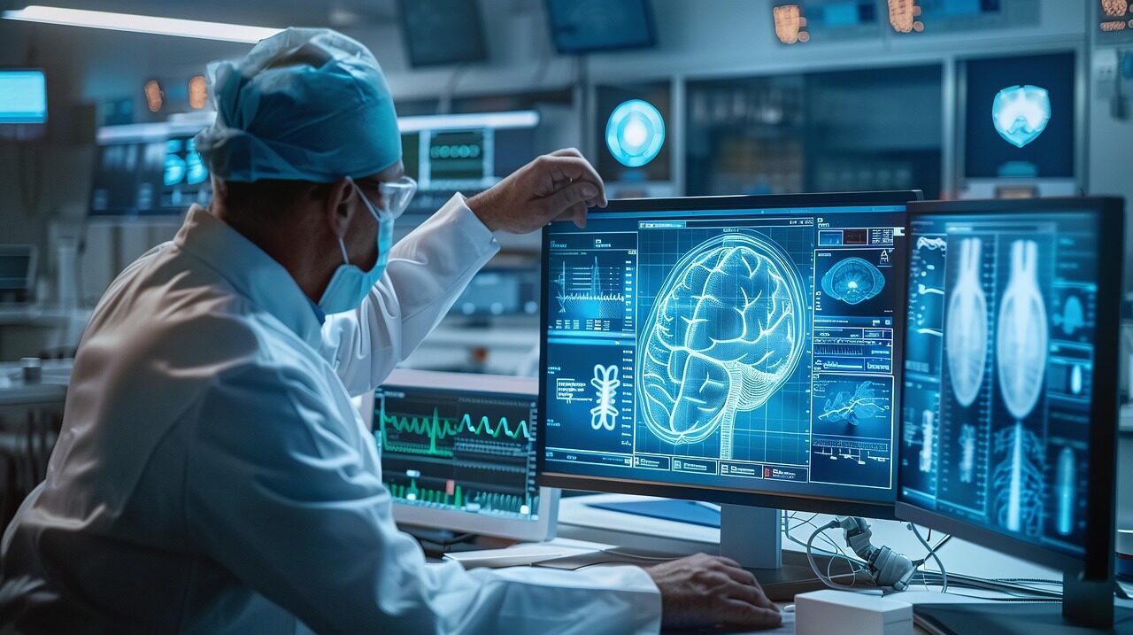 ai generated, doctor, scientist, lab, 3d, blueprint, medical, scans, monitors, analysis, technology, healthcare, anatomy, brain, heart, research, laboratory, digital, screens, diagnostic, professional, modern, advanced, equipment, science, medicine