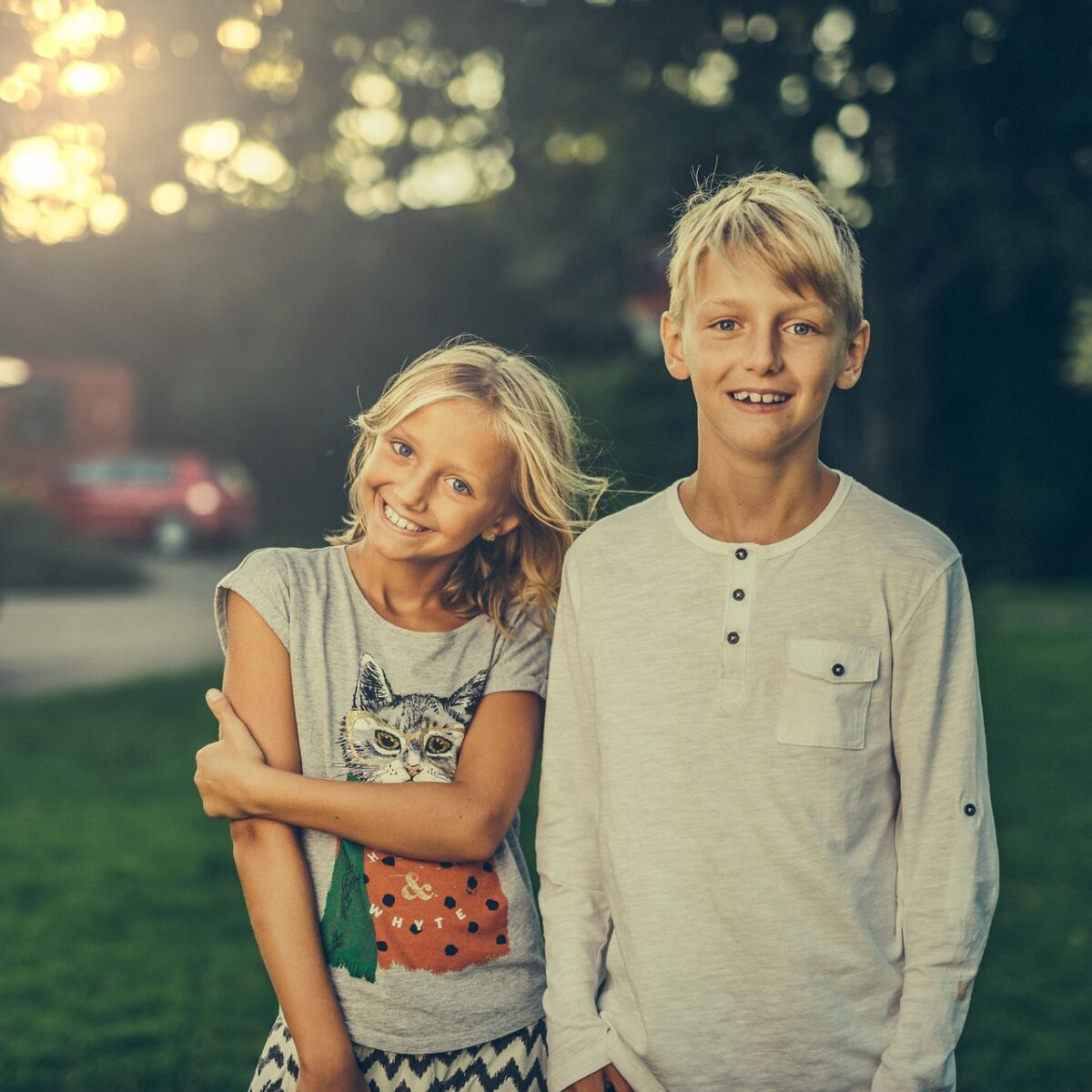siblings, brother, sister, friends, boy, nature, girl, children, offspring, kids, teens, teenagers, blond, relationship, relatives, two, outdoor, portrait, summer, happy, smiling, smile
