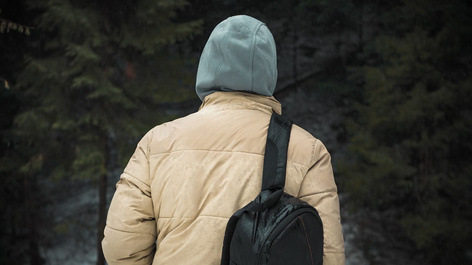 A man with a backpack hikes through a rainy forest wearing a hoodie and jacket.