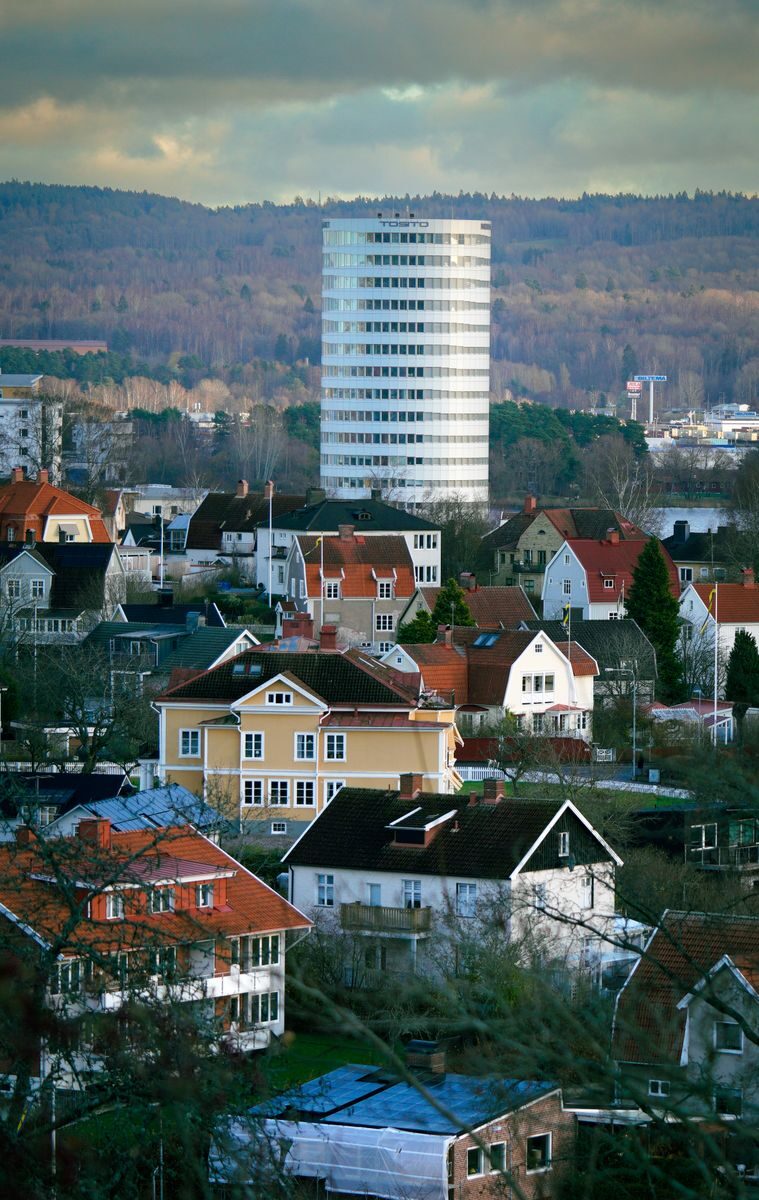 Charming architecture and scenic landscape of Jönköping, Sweden with a modern high-rise building.