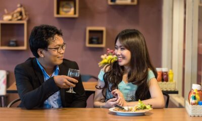 happy valentines day, couple, restaurant, dating, drink, smiling, man, woman, adult, girlfriend, boyfriend, talk, conversation, together, lovers, romance, relationship, cheers, food, valentines, leisure, eating, dinner, asian