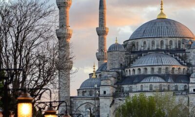 mosque, minarets, nature, street lamps, street, architecture, istanbul, islam, turkey, sunset, city