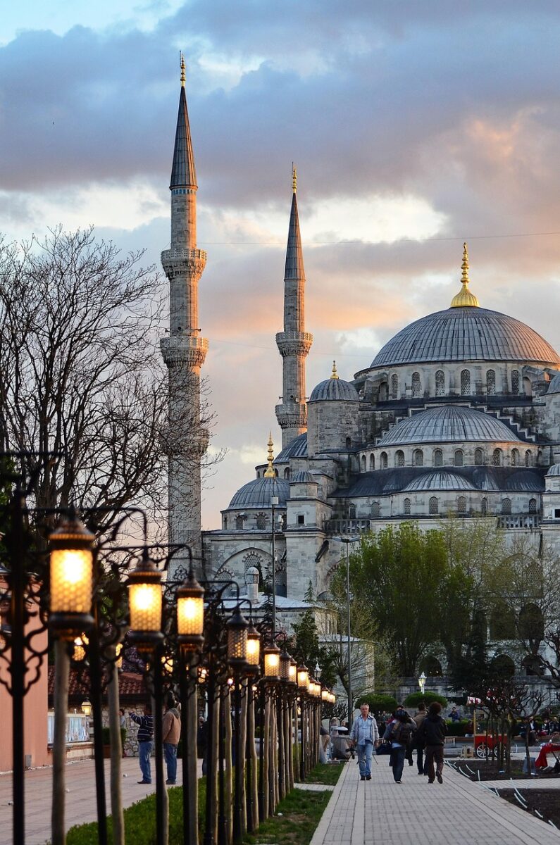 mosque, minarets, nature, street lamps, street, architecture, istanbul, islam, turkey, sunset, city