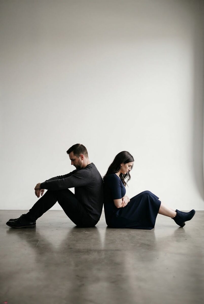 silhouette, back-to-back, despondent, depressed, lawyer, divorce, struggle, legal, downcast, cool light, contrast, separation, relationship issues, problem, difficult, burden, conflict, emotion, reflection, solitude, ai generated