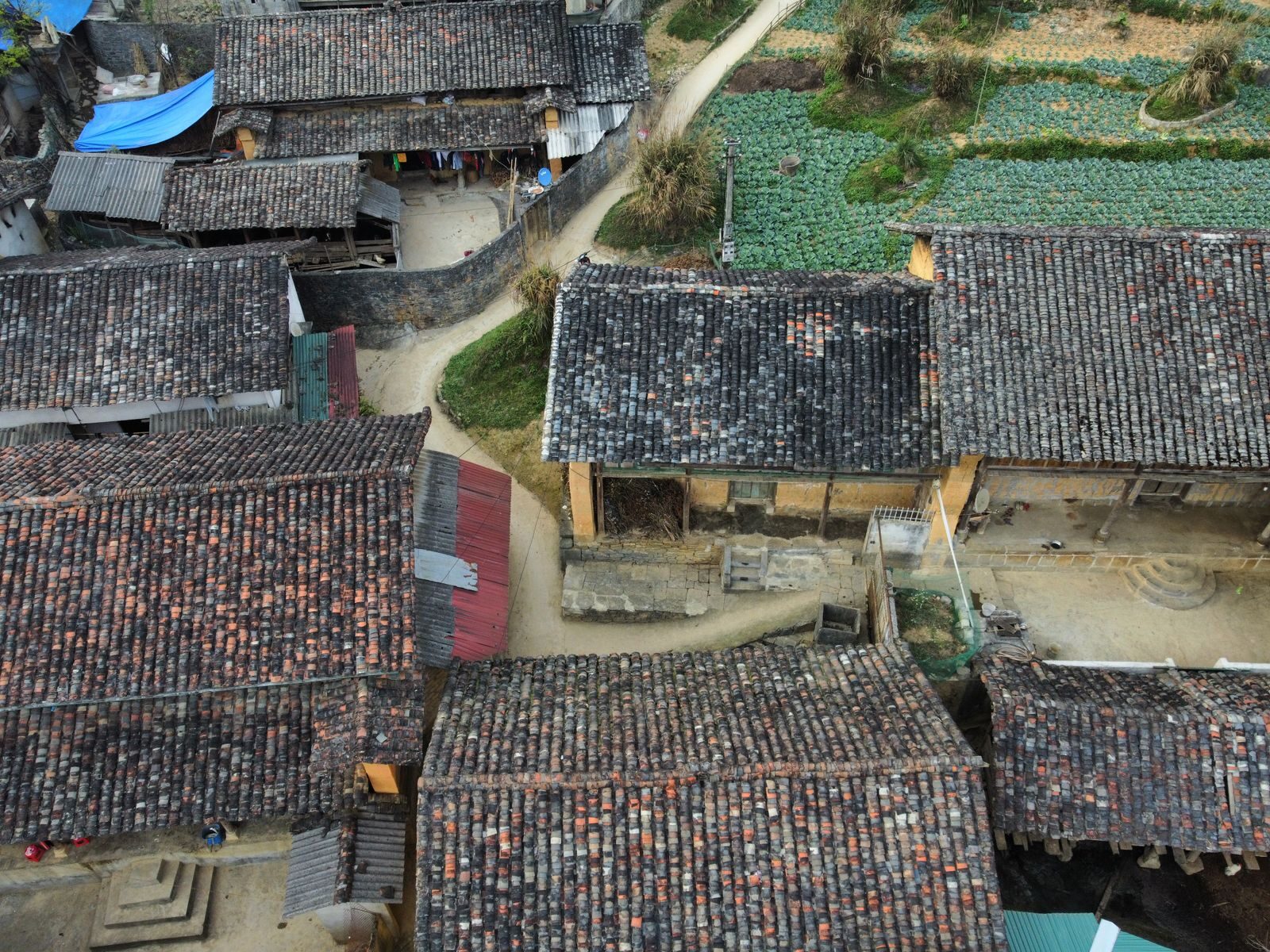 Aerial shot of a rustic village with traditional tiled roofs surrounded by farmland and pathways.
