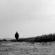 A solitary silhouette stands on a gravel path under an overcast sky, evoking solitude and mystery.