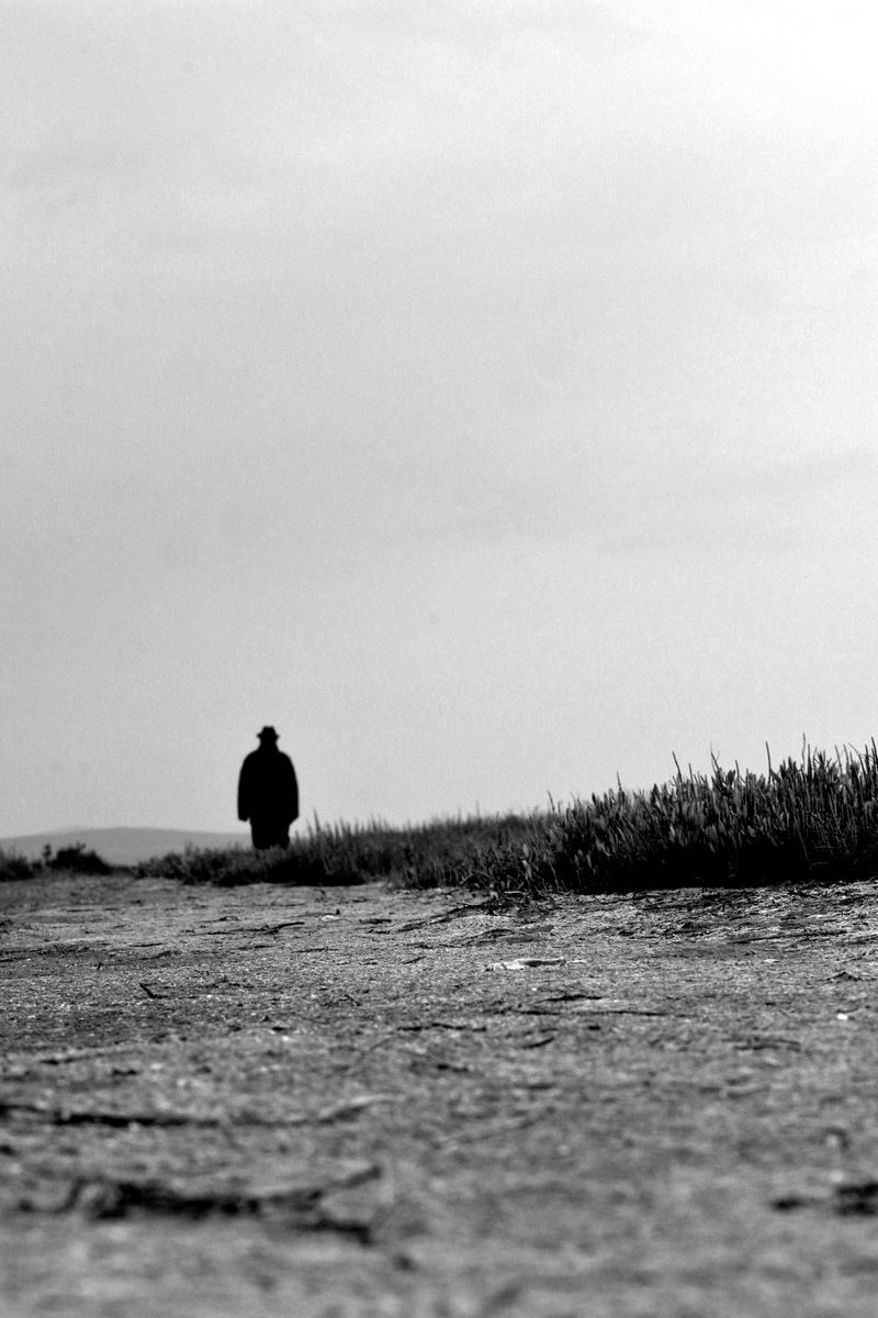 A solitary silhouette stands on a gravel path under an overcast sky, evoking solitude and mystery.
