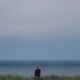 A lone person sits on a bench gazing at the serene ocean horizon, encapsulating solitude and tranquility.